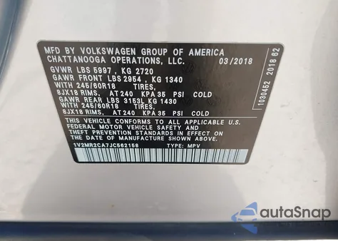 2018 Volkswagen Atlas 3.6L V6 Sel из США, поврежденный, VIN 1V2MR2CA7JC562158